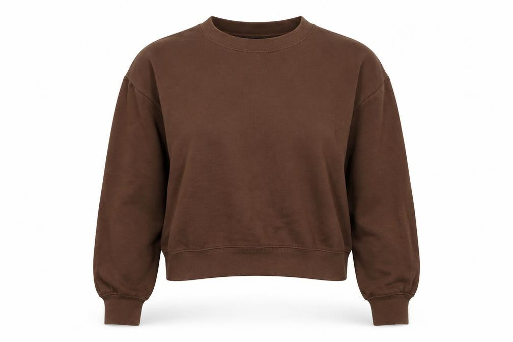 Front view of Zara women’s brown polyester pullover sweatshirt, size S, pullover