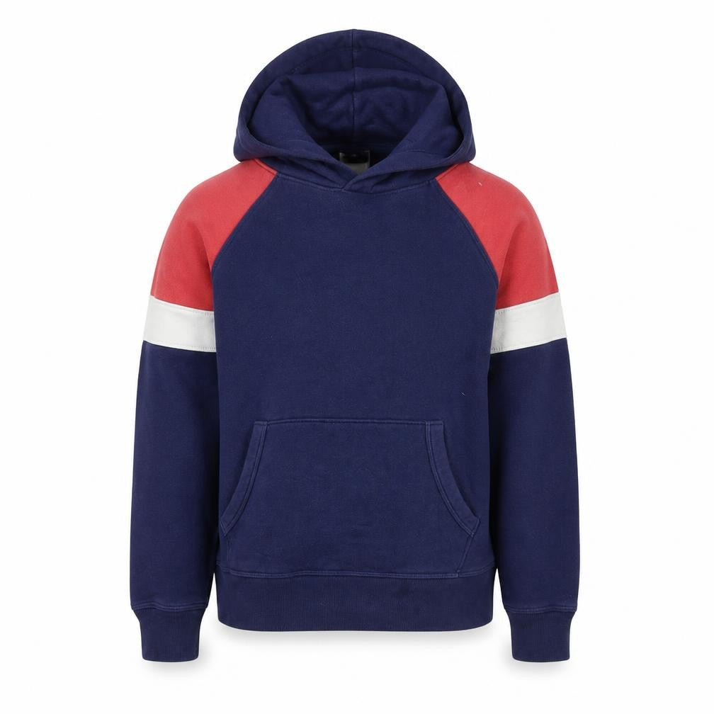 Front view of Gap boys’ blue colourblock cotton pullover hoodie, size M, pullover