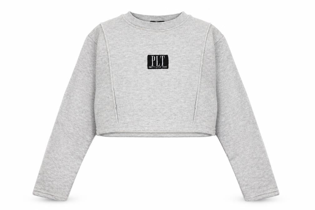 Front view of PRETTYLITTLETHING women’s grey polyester pullover sweatshirt, size XL, pullover
