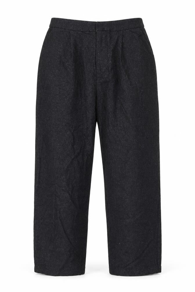 Front view of Light Before Dark men’s grey wool trousers, size S, 23-inch leg regular zip