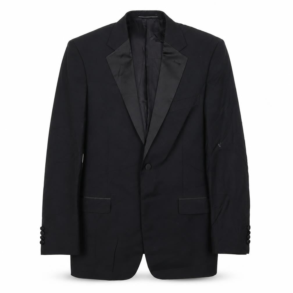 Front view of 1860 Menswear men’s black polyester jacket suit jacket, size 38, regular