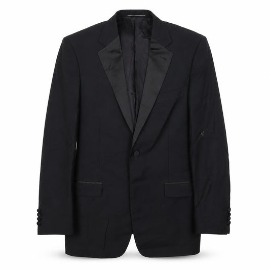 Front view of 1860 Menswear men’s black polyester jacket suit jacket, size 38, regular