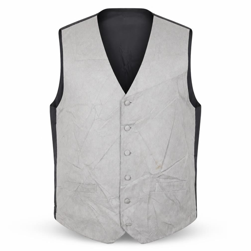 Front view of Lloyd Attree & Smith men’s grey polyester jacket suit waistcoat, size L, regular