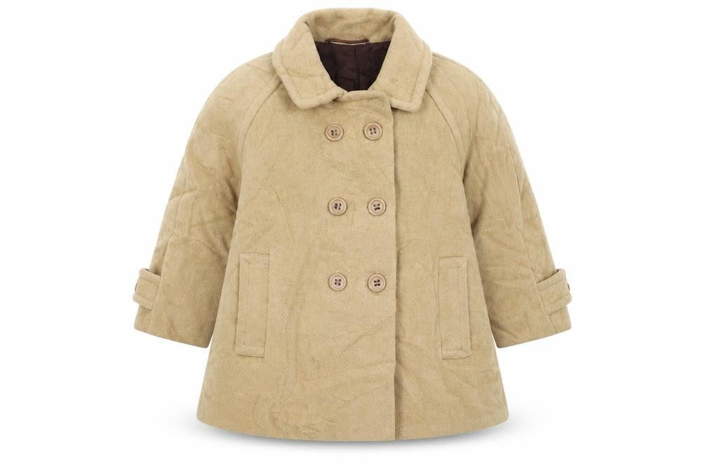Front view of Marks & Spencer boys’ beige overcoat coat, size 2, years buckle