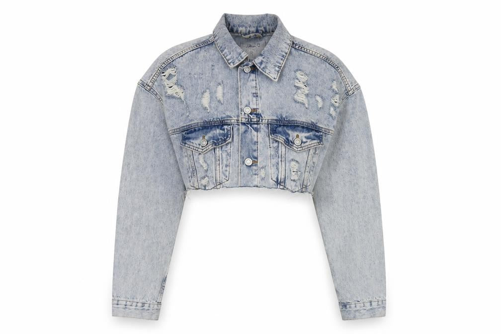 Front view of Denim & Co. women’s blue jacket, size UK 12, button