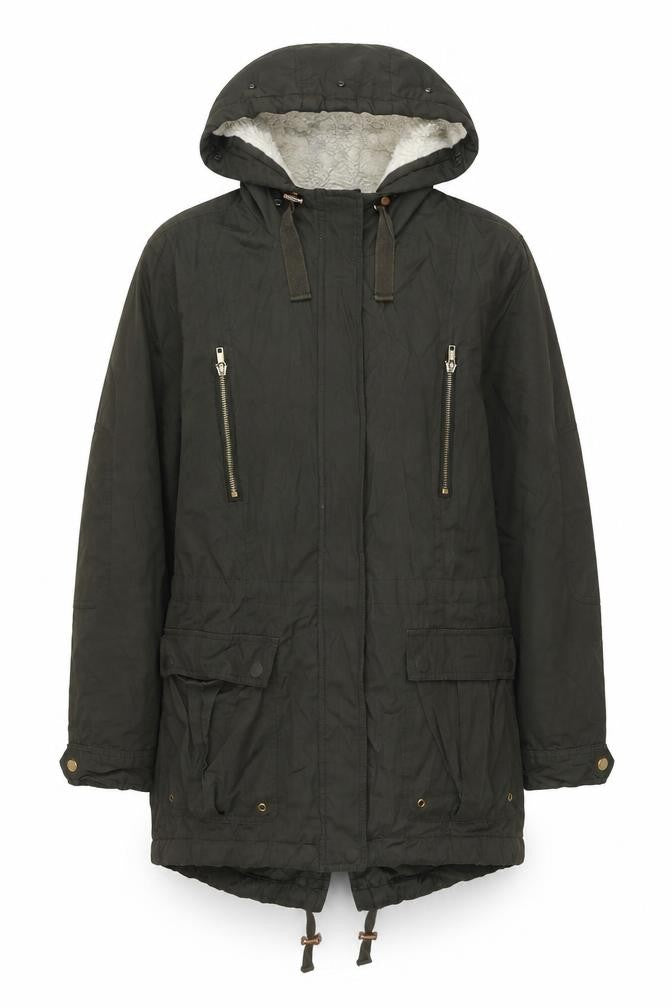 Front view of ASOS women’s green trench coat jacket, size UK 10, zip
