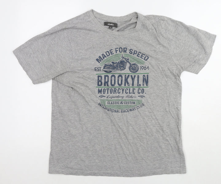 Studio Womens Grey Cotton Basic T-Shirt Size M Round Neck - Made for Speed Motorcycle