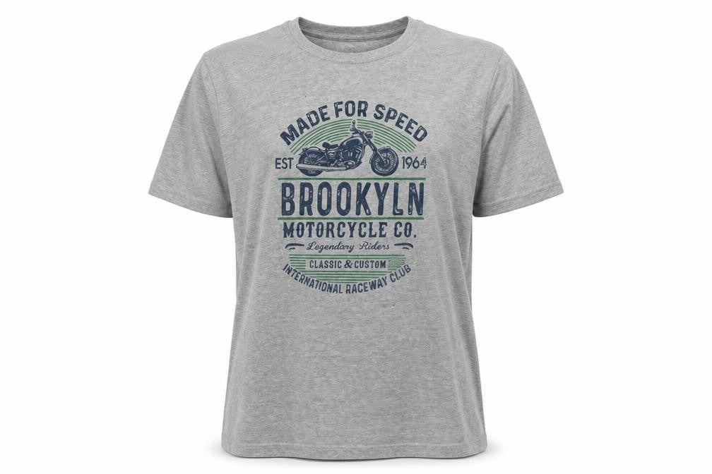 Front view of Studio women’s grey cotton basic t-shirt, size M, round neck - made for speed motorcycle