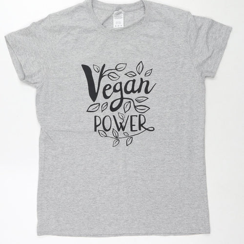 Vegan Power Womens Grey Cotton Basic T-Shirt Size M Round Neck