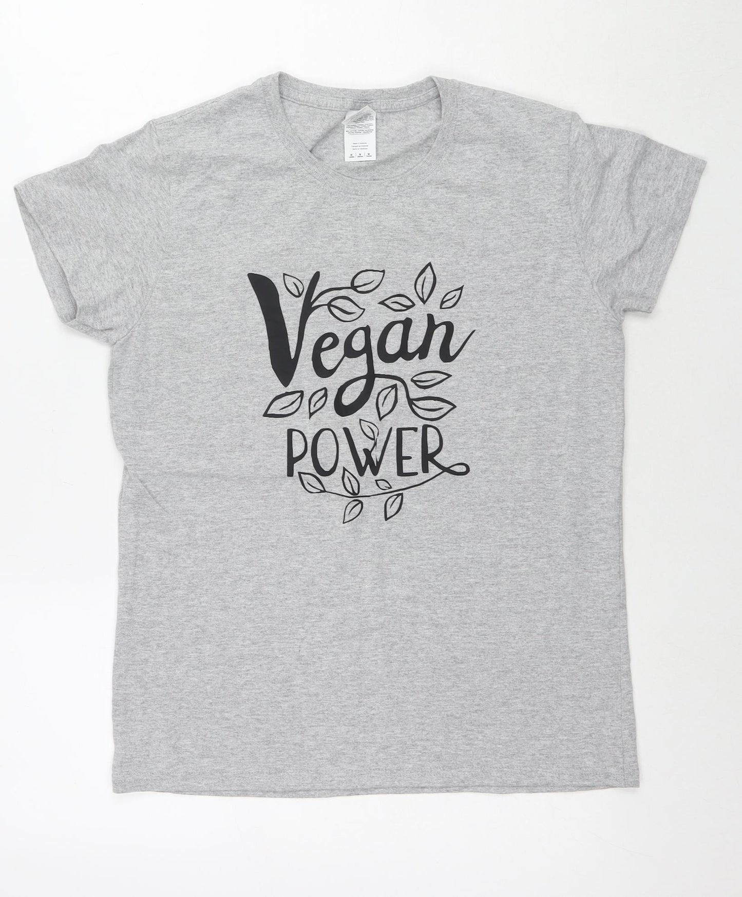 Vegan Power Womens Grey Cotton Basic T-Shirt Size M Round Neck