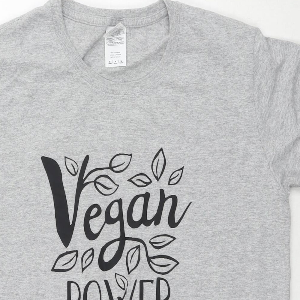 Vegan Power Womens Grey Cotton Basic T-Shirt Size M Round Neck