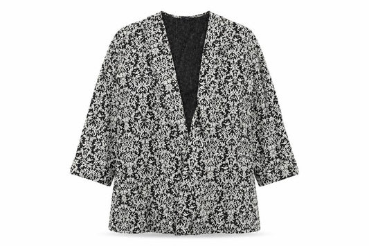 Front view of M&Co women’s multicoloured geometric overcoat coatigan, size UK 14