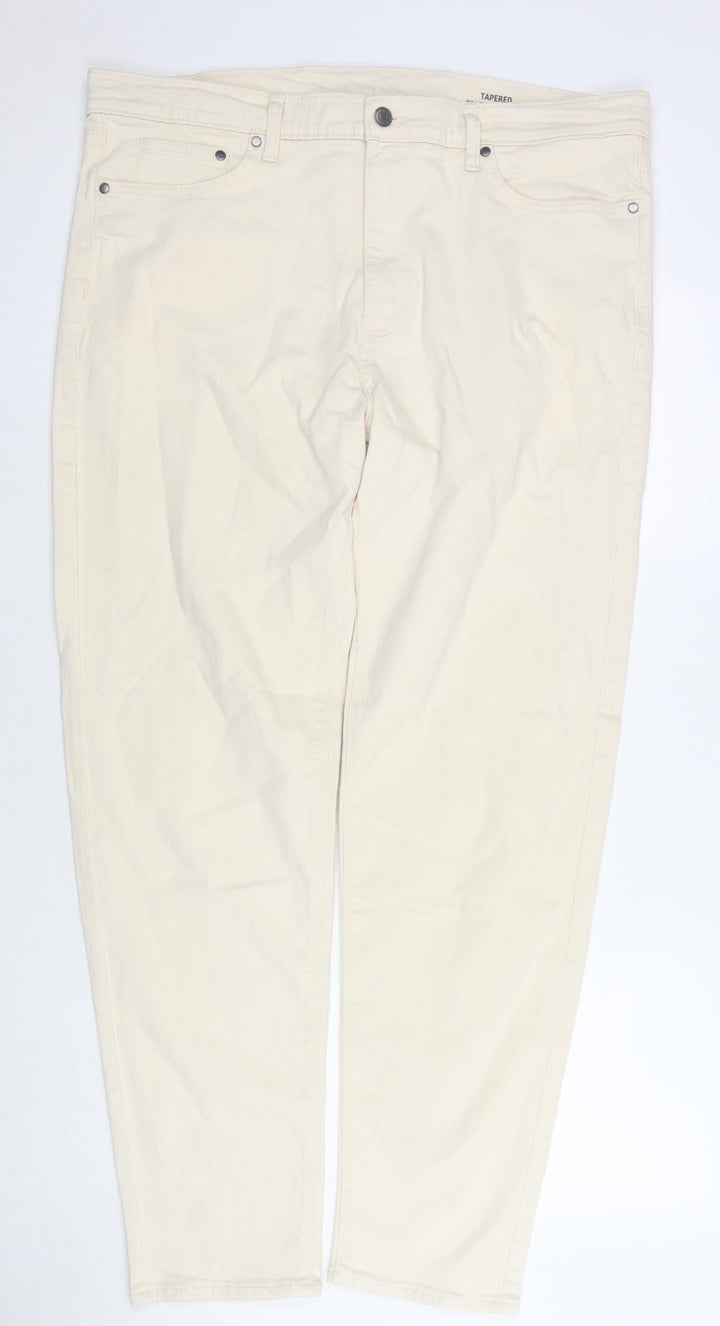 Marks and Spencer Mens Beige Cotton Tapered Jeans Size 38 in L33 in Regular Zip