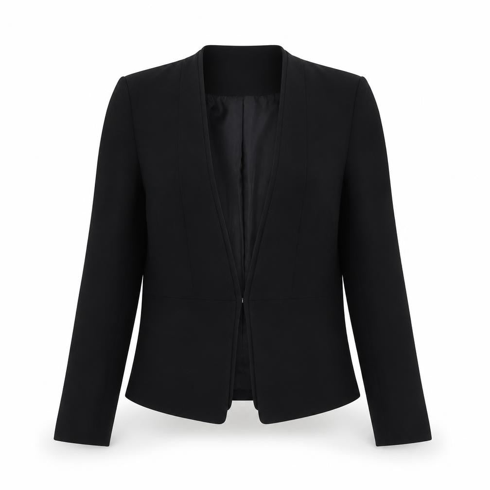 Front view of H&M women’s black jacket blazer, size UK 8, hook & eye