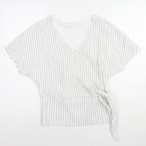 H&M Womens White Striped Polyester Basic Blouse Size S V-Neck