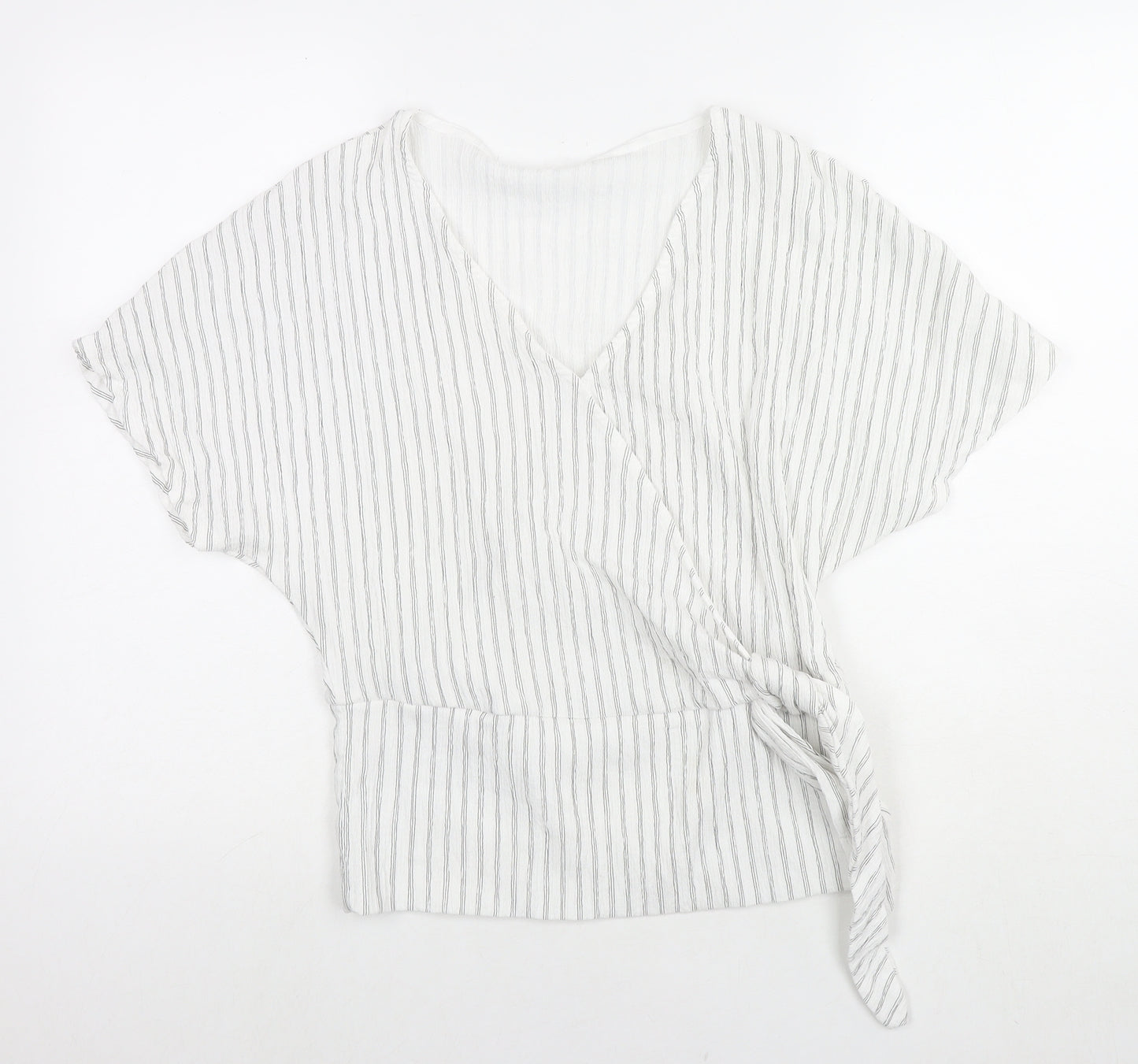 H&M Womens White Striped Polyester Basic Blouse Size S V-Neck