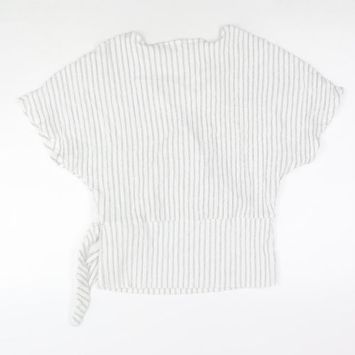 H&M Womens White Striped Polyester Basic Blouse Size S V-Neck