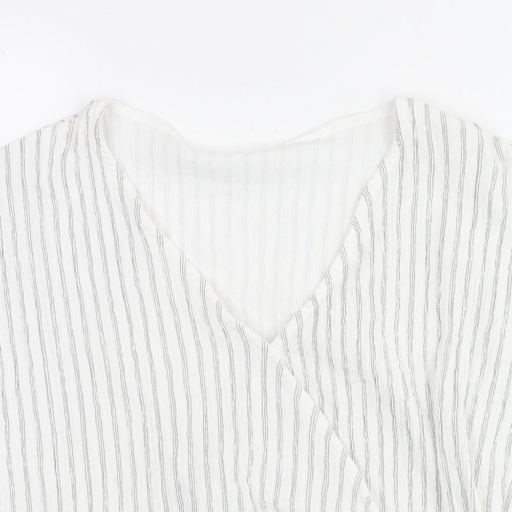 H&M Womens White Striped Polyester Basic Blouse Size S V-Neck