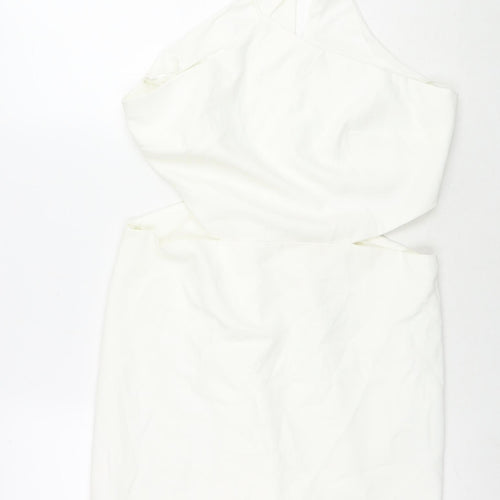 Stradivarius Womens White Polyester Mini Size L Round Neck Zip - Cut Out Detail