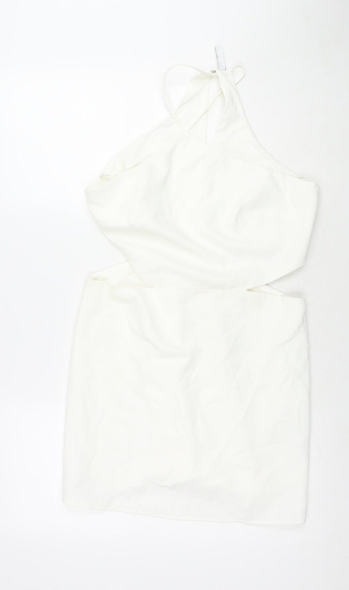 Stradivarius Womens White Polyester Mini Size L Round Neck Zip - Cut Out Detail