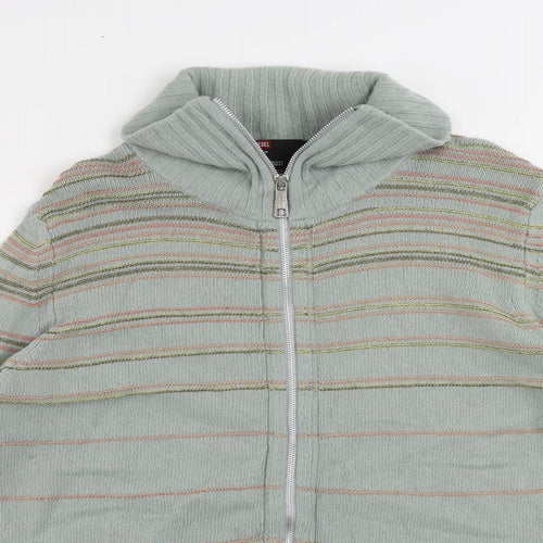 Diesel Mens Green Roll Neck Striped Wool Full Zip Jumper Size M Long Sleeve - Vintage