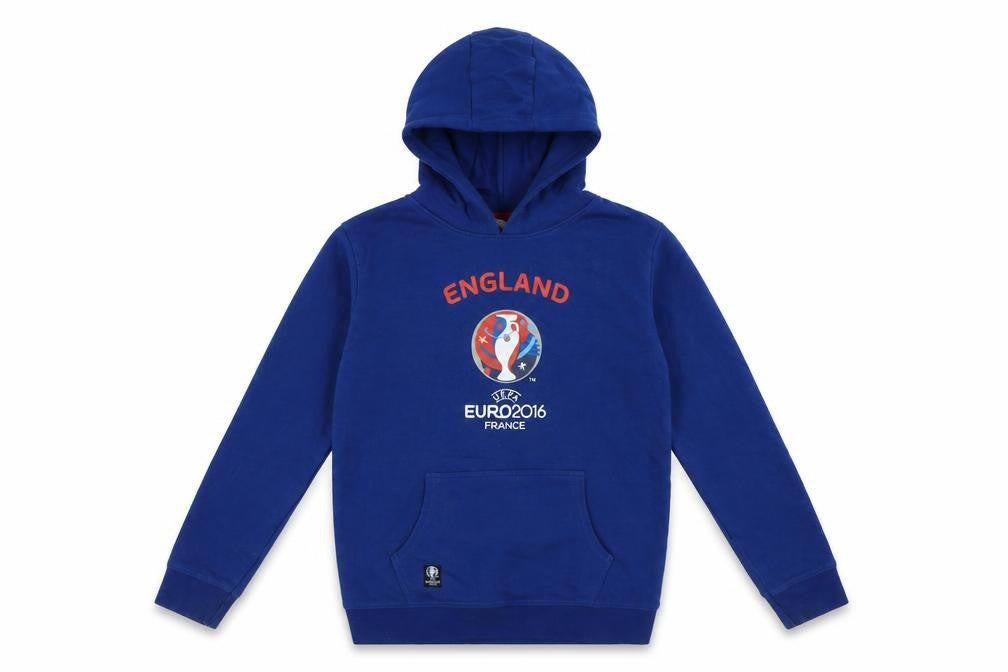 Front view of UEFA boys’ blue cotton pullover hoodie, size 9-10, years pullover - england euro 2016