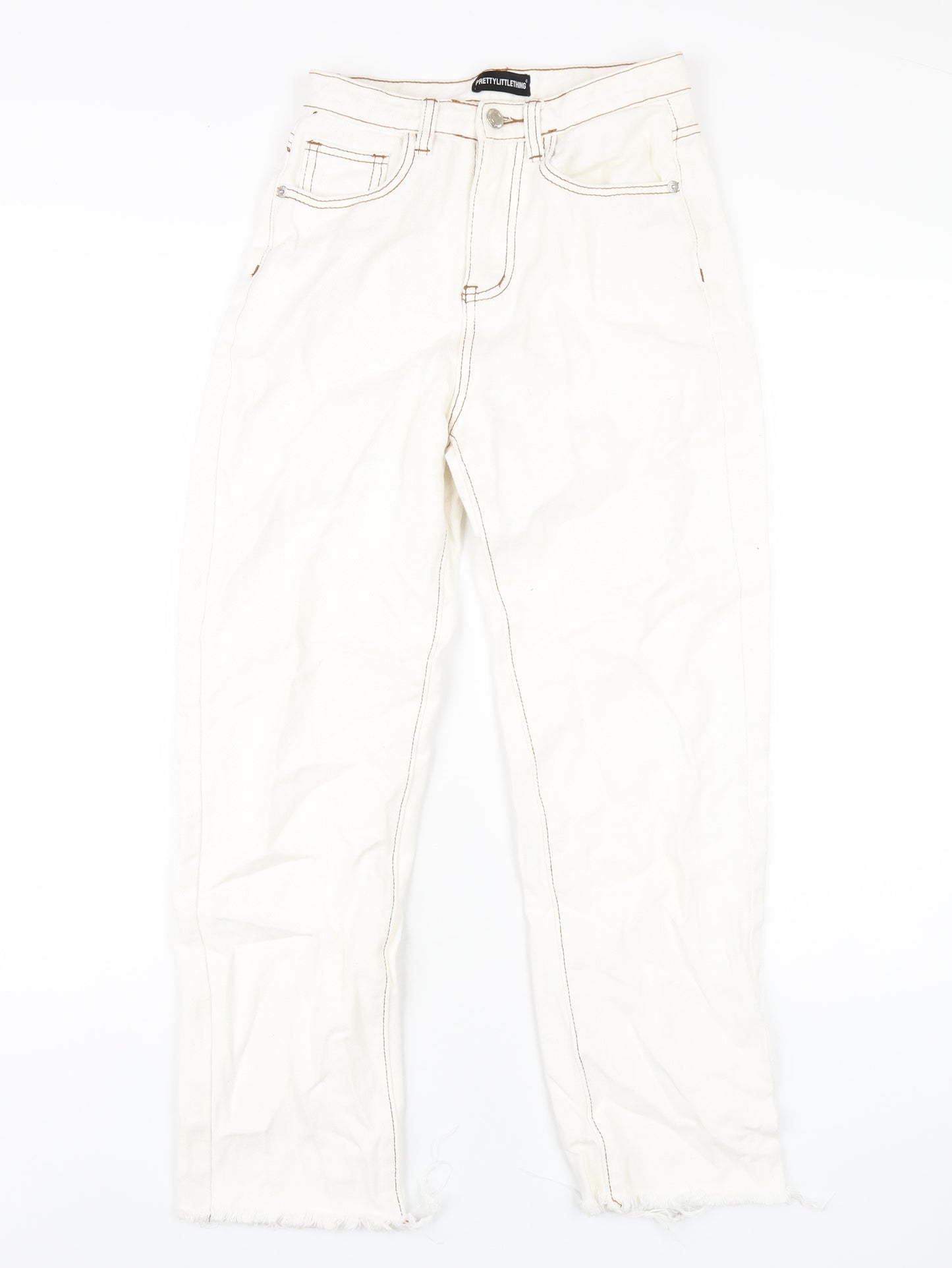 PRETTYLITTLETHING Womens Ivory Cotton Straight Jeans Size 4 L28 in Regular Zip
