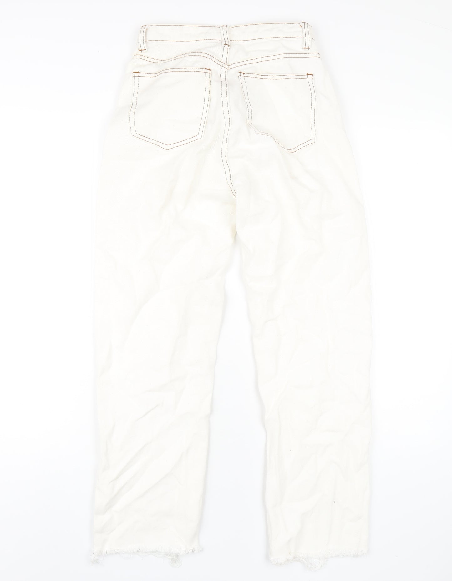 PRETTYLITTLETHING Womens Ivory Cotton Straight Jeans Size 4 L28 in Regular Zip
