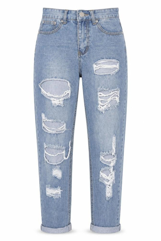 Front view of PRETTYLITTLETHING women’s blue cotton mom jeans, size UK 6, 27-inch leg regular zip