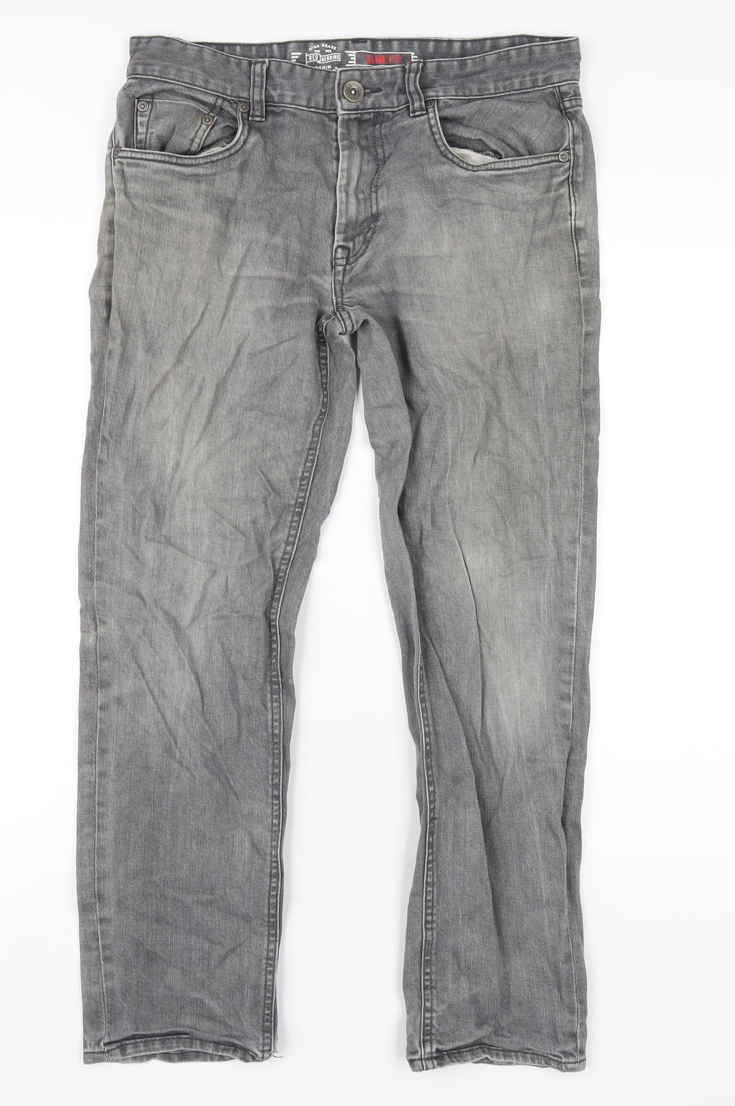 Red Herring Mens Grey Cotton Straight Jeans Size 32 in L28 in Regular Zip