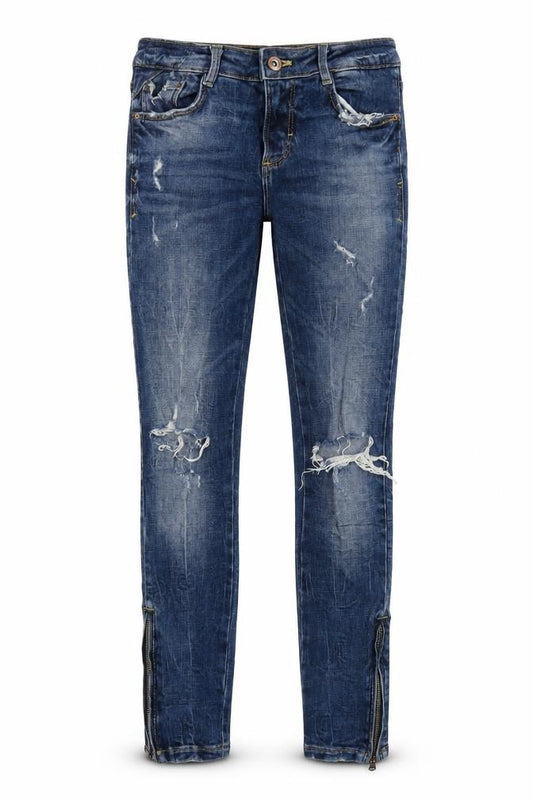 Front view of Zara women’s blue cotton skinny jeans, size UK 6, 26-inch leg regular zip