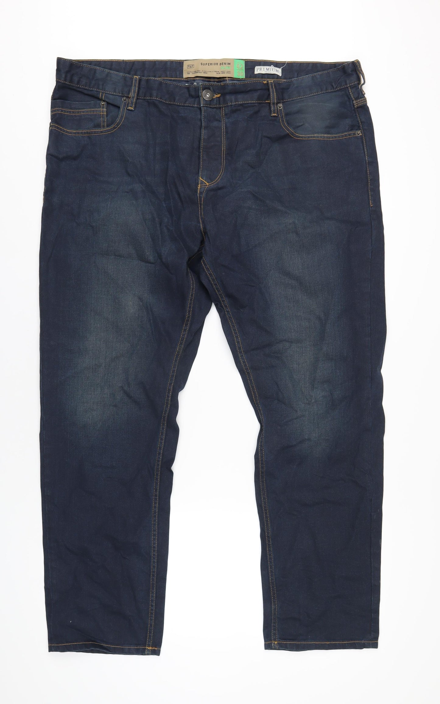 F&F Mens Blue Cotton Straight Jeans Size 42 in L30 in Regular Button