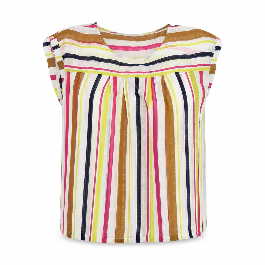 Front view of Next women’s multicoloured striped polyester basic t-shirt, size UK 12, round neck