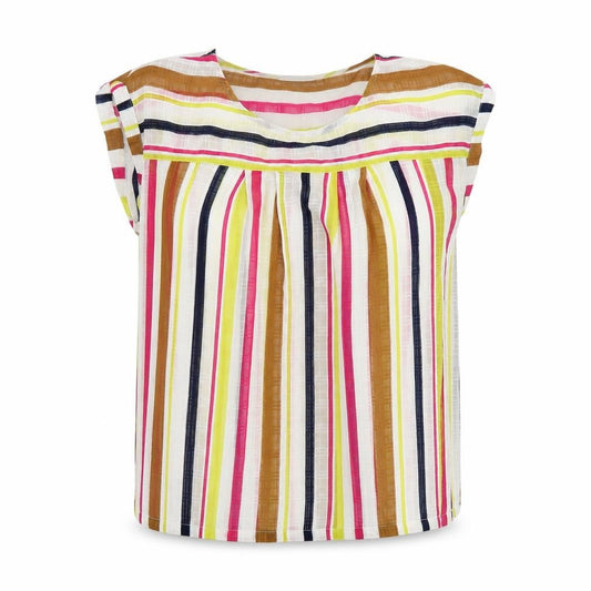 Front view of Next women’s multicoloured striped polyester basic t-shirt, size UK 12, round neck