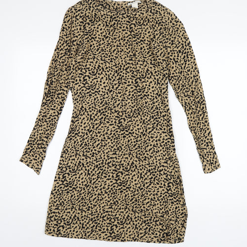 H&M Womens Brown Animal Print Viscose A-Line Size 6 Round Neck Zip