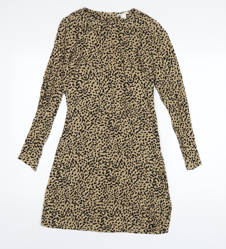 H&M Womens Brown Animal Print Viscose A-Line Size 6 Round Neck Zip
