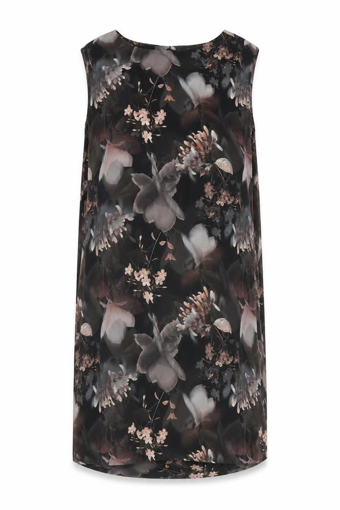 Front view of Next women’s black floral polyester a-line, size UK 12, round neck zip
