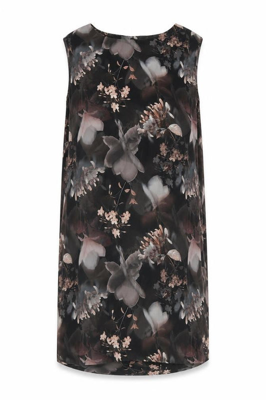 Front view of Next women’s black floral polyester a-line, size UK 12, round neck zip