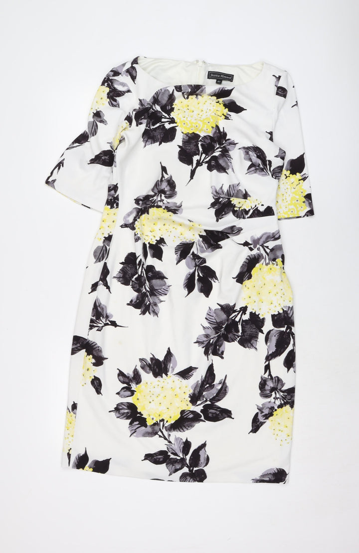 Jessica Howard Womens White Floral Polyester Pencil Dress Size 16 Round Neck Zip