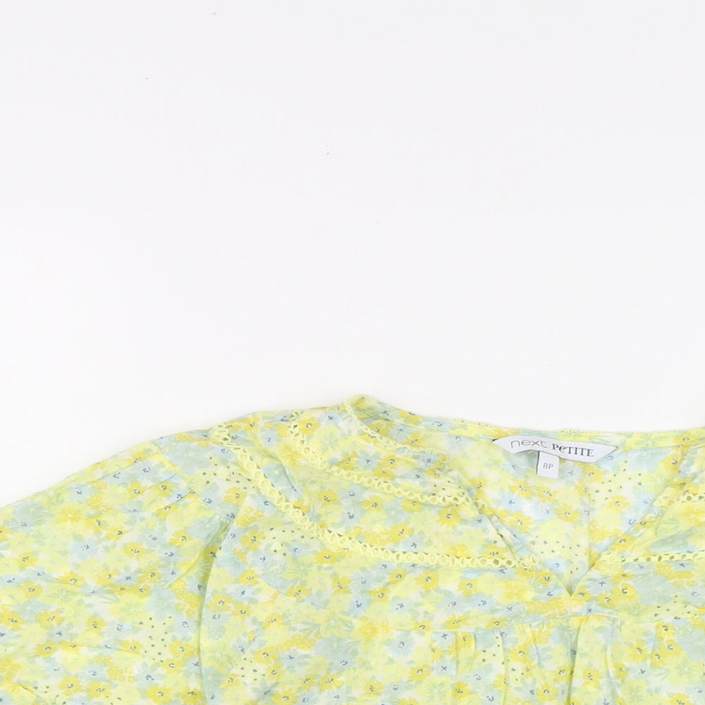 NEXT Womens Yellow Floral Cotton Basic Blouse Size 8 V-Neck