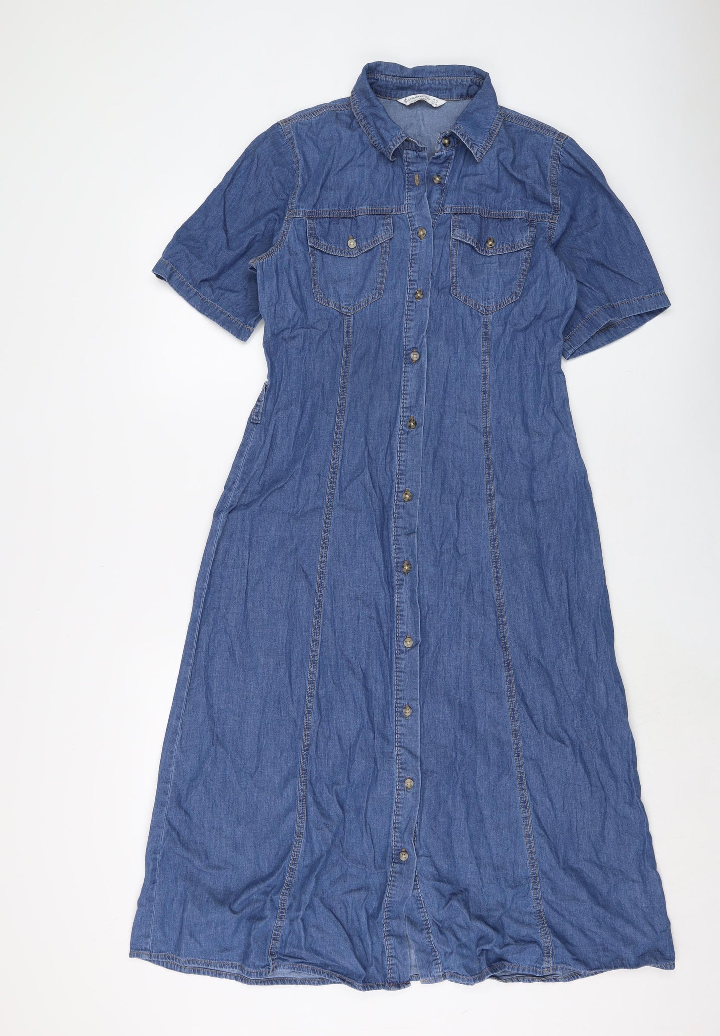 Stradivarius Womens Blue 100% Cotton A-Line Size M Collared Button