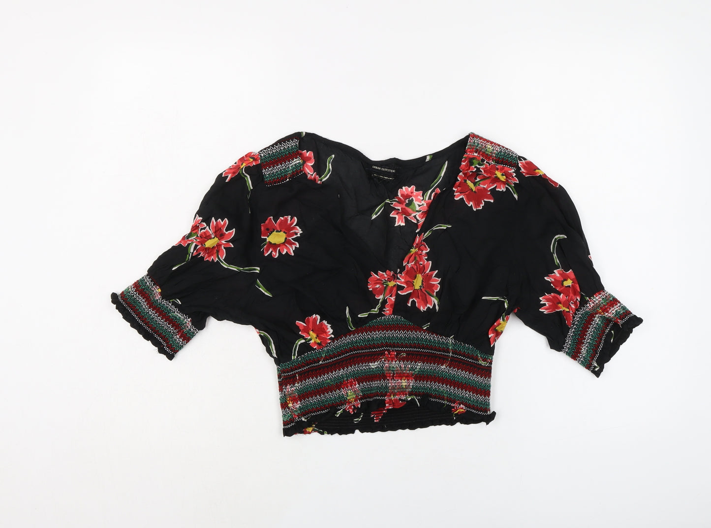 Urban Outfitters Womens Black Floral Modal Basic Blouse Size L V-Neck