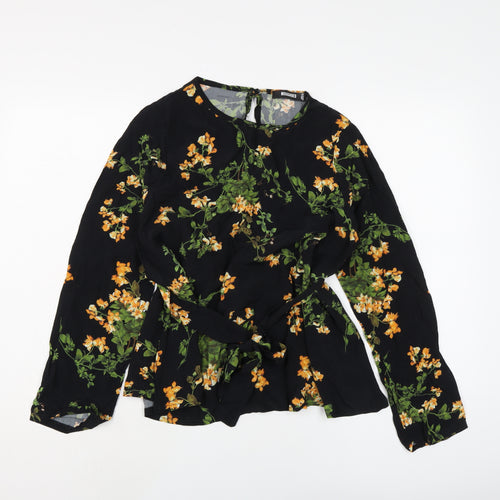 Missguided Womens Black Floral Polyester Basic Blouse Size 8 Round Neck