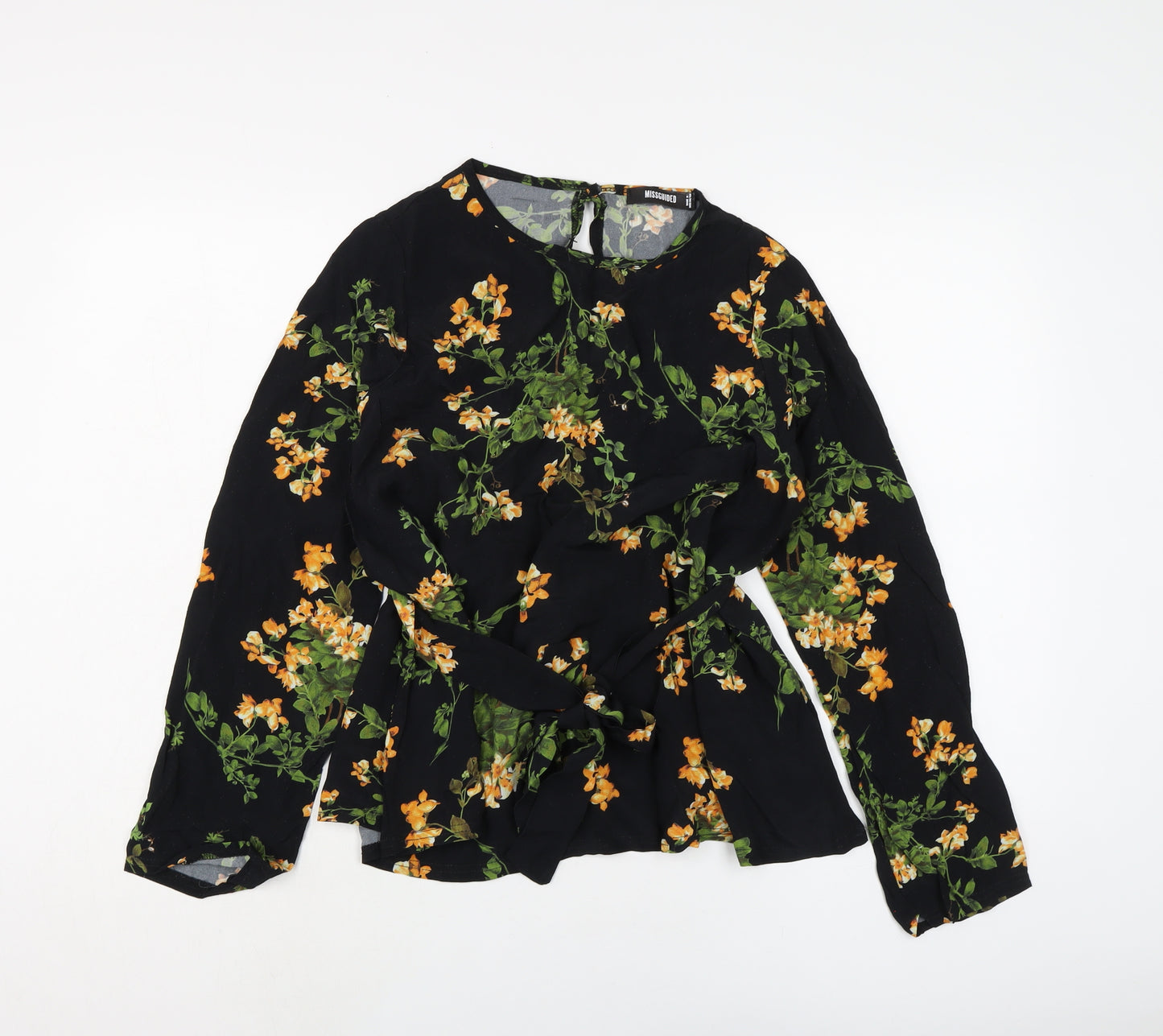 Missguided Womens Black Floral Polyester Basic Blouse Size 8 Round Neck