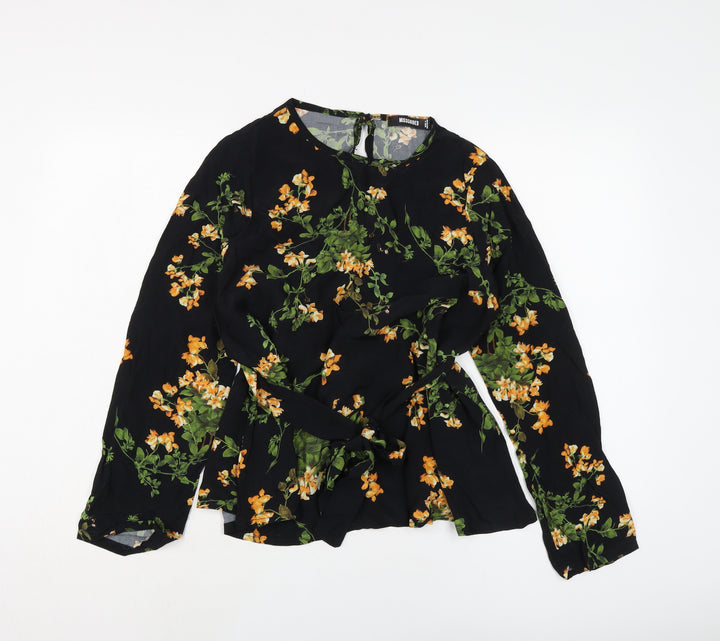 Missguided Womens Black Floral Polyester Basic Blouse Size 8 Round Neck