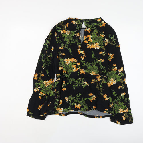 Missguided Womens Black Floral Polyester Basic Blouse Size 8 Round Neck