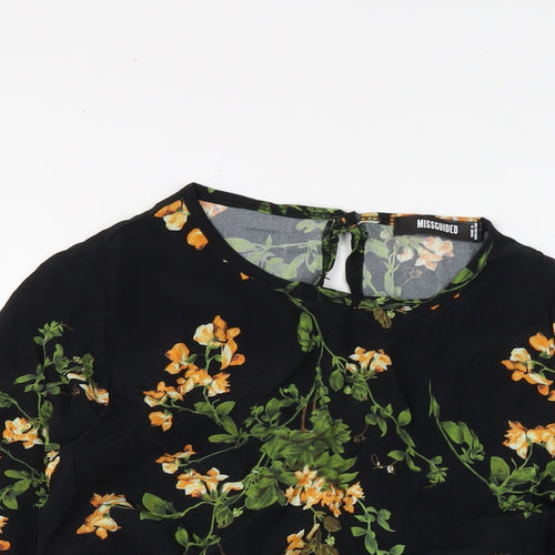 Missguided Womens Black Floral Polyester Basic Blouse Size 8 Round Neck