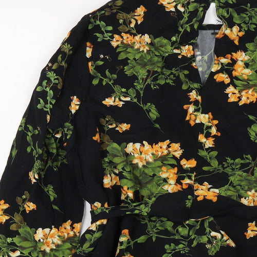 Missguided Womens Black Floral Polyester Basic Blouse Size 8 Round Neck