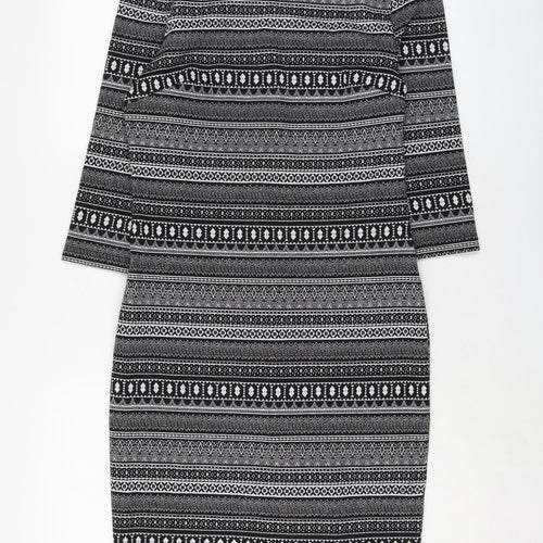 New Look Womens Black Geometric Polyester Pencil Dress Size 14 Round Neck Pullover