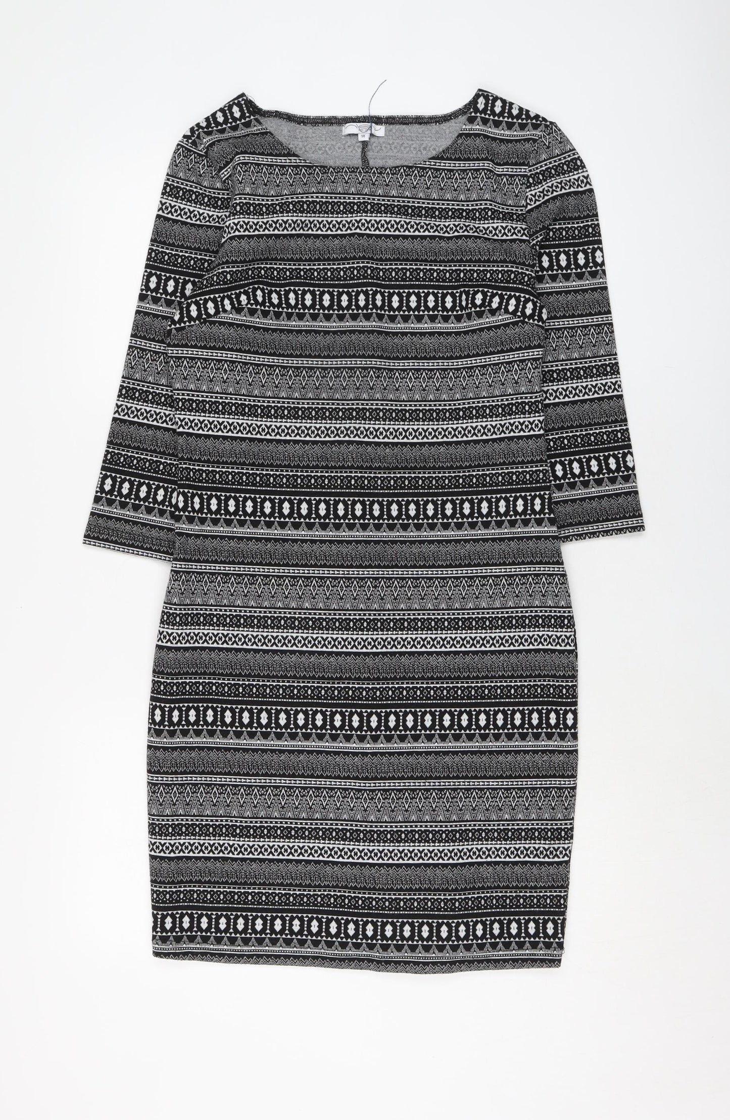 New Look Womens Black Geometric Polyester Pencil Dress Size 14 Round Neck Pullover